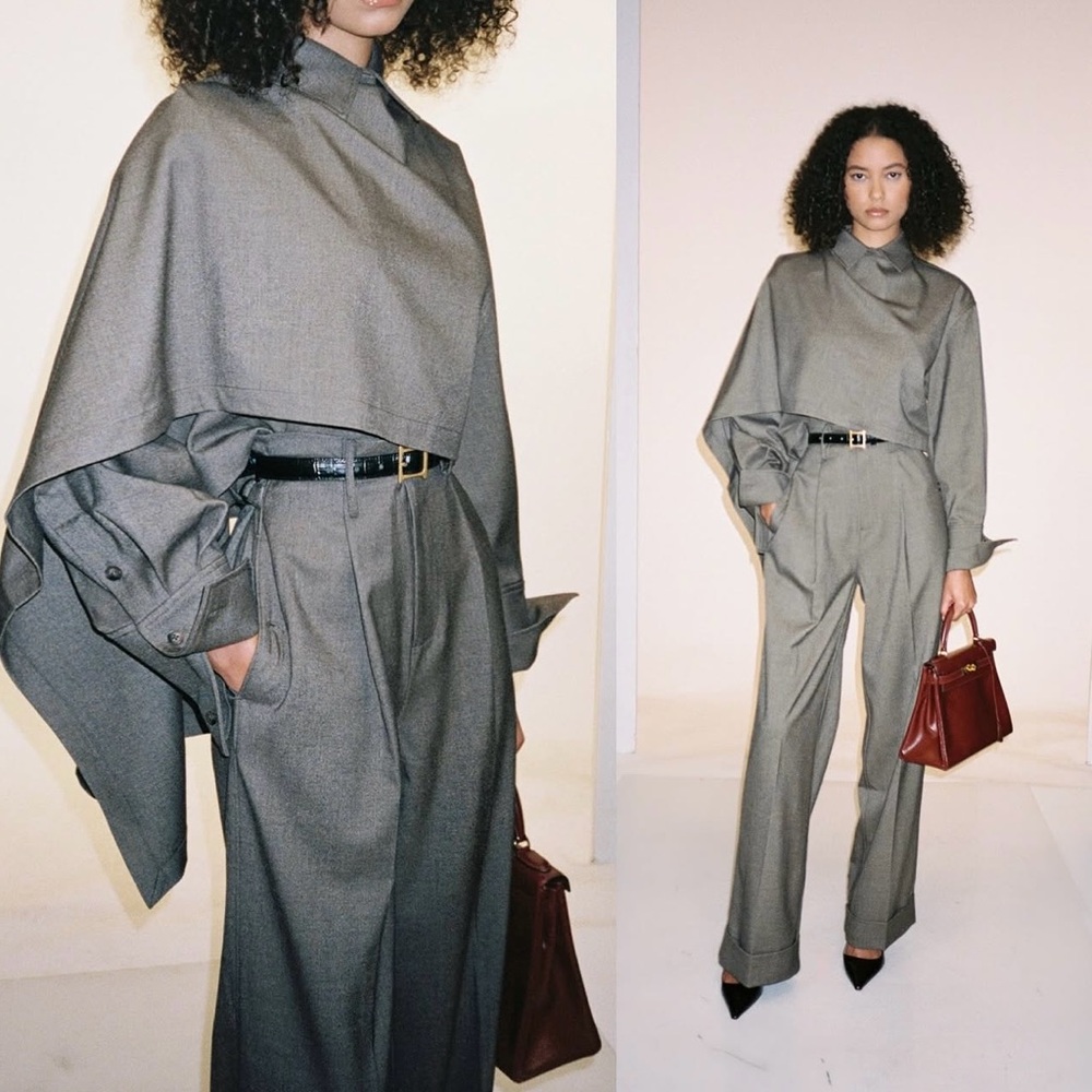 Helsa Gray Women's Wide-Leg Trousers and Draped Cape Top 100% Wool NWOT